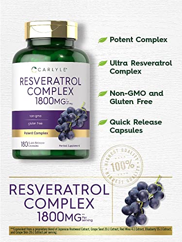 Carlyle Resveratrol Supplement 1800mg   180 Capsules   Non GMO & Gluten Free   Potent Complex