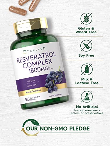 Carlyle Resveratrol Supplement 1800mg   180 Capsules   Non GMO & Gluten Free   Potent Complex
