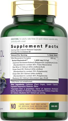 Carlyle Resveratrol Complex   180 Capsules   Trans Resveratrol Supplement with Grape Seed Extract   Non GMO  Gluten Free
