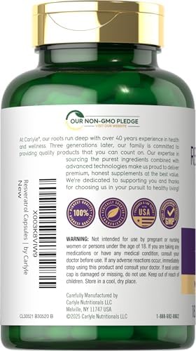 Carlyle Resveratrol Complex   180 Capsules   Trans Resveratrol Supplement with Grape Seed Extract   Non GMO  Gluten Free