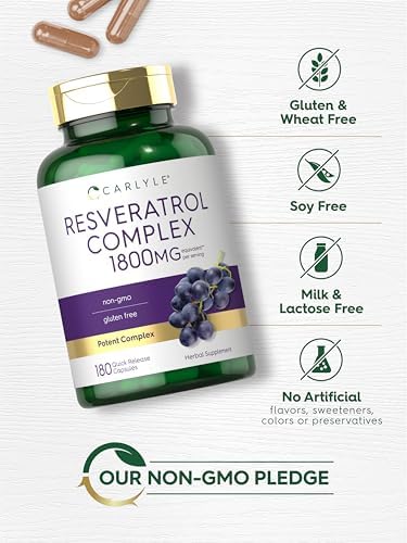 Carlyle Resveratrol Complex   180 Capsules   Trans Resveratrol Supplement with Grape Seed Extract   Non GMO  Gluten Free