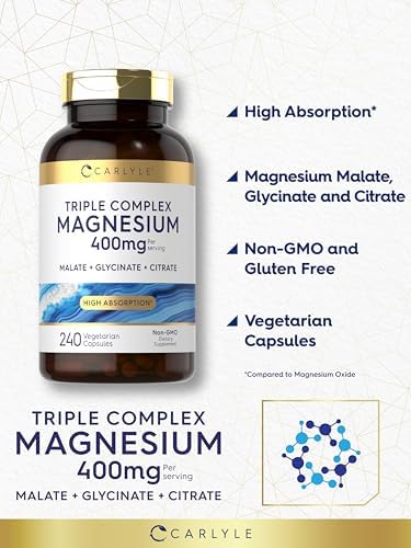 Carlyle Triple Magnesium Complex   400 mg   240 Capsules   Magnesium Malate  Glycinate & Citrate   Vegetarian  Non GMO  and Gluten Free Supplement