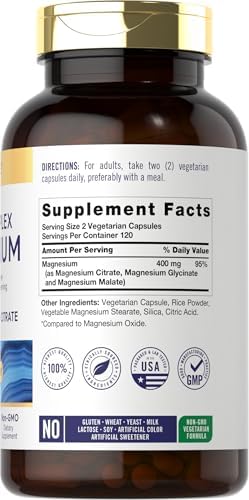 Carlyle Triple Magnesium Complex   400 mg   240 Capsules   Magnesium Malate  Glycinate & Citrate   Vegetarian  Non GMO  and Gluten Free Supplement