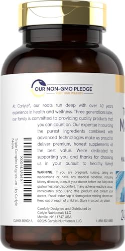 Carlyle Triple Magnesium Complex   400 mg   240 Capsules   Magnesium Malate  Glycinate & Citrate   Vegetarian  Non GMO  and Gluten Free Supplement