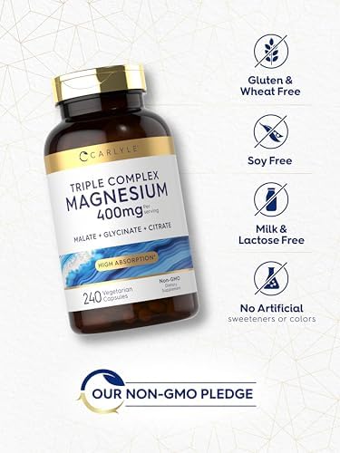 Carlyle Triple Magnesium Complex   400 mg   240 Capsules   Magnesium Malate  Glycinate & Citrate   Vegetarian  Non GMO  and Gluten Free Supplement