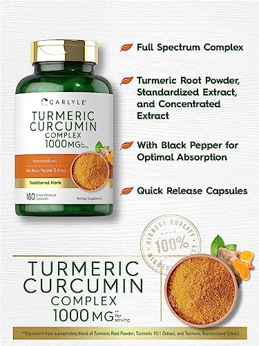 Carlyle Turmeric Curcumin with Black Pepper   180 Capsules   Turmeric Complex Supplement   Non GMO  Gluten Free