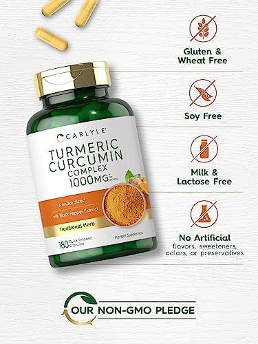 Carlyle Turmeric Curcumin with Black Pepper   180 Capsules   Turmeric Complex Supplement   Non GMO  Gluten Free