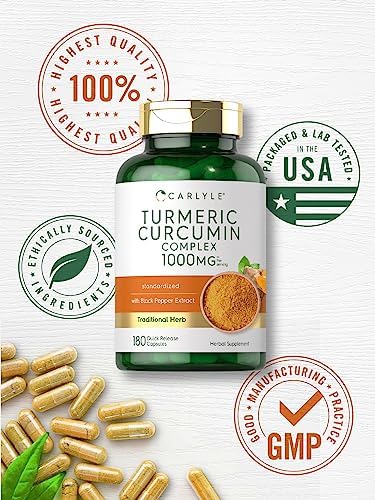 Carlyle Turmeric Curcumin with Black Pepper   180 Capsules   Turmeric Complex Supplement   Non GMO  Gluten Free