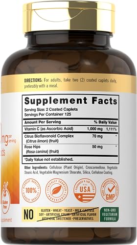 Carlyle Vitamin C 1000mg with Bioflavonoids   250 Caplets   with Rose HIPS   Vegetarian  Non GMO  Gluten Free Supplement