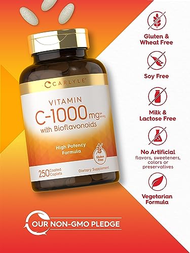 Carlyle Vitamin C 1000mg with Bioflavonoids   250 Caplets   with Rose HIPS   Vegetarian  Non GMO  Gluten Free Supplement