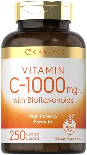 Carlyle Vitamin C 1000mg   with Rose Hips and Citrus Bioflavonoids   250 Caplets   Vegetarian  Non GMO  Gluten Free Supplement