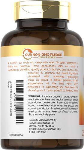 Carlyle Vitamin C 1000mg   with Rose Hips and Citrus Bioflavonoids   250 Caplets   Vegetarian  Non GMO  Gluten Free Supplement