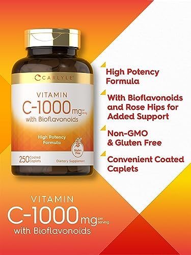 Carlyle Vitamin C 1000mg   with Rose Hips and Citrus Bioflavonoids   250 Caplets   Vegetarian  Non GMO  Gluten Free Supplement