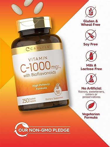 Carlyle Vitamin C 1000mg   with Rose Hips and Citrus Bioflavonoids   250 Caplets   Vegetarian  Non GMO  Gluten Free Supplement