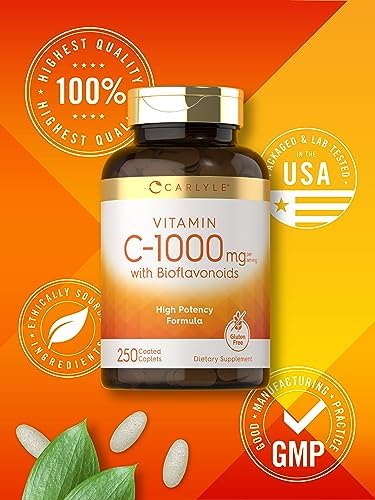Carlyle Vitamin C 1000mg   with Rose Hips and Citrus Bioflavonoids   250 Caplets   Vegetarian  Non GMO  Gluten Free Supplement