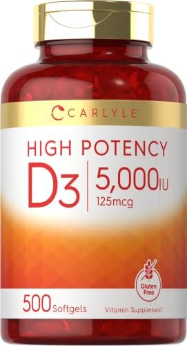 Carlyle Vitamin D3 5000 IU Softgels   500 Count   Value Size   Non GMO and Gluten Free Supplement   High Potency Formula   125mcg