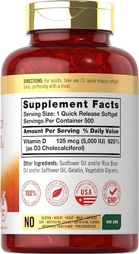 Carlyle Vitamin D3 5000 IU Softgels   500 Count   Value Size   Non GMO and Gluten Free Supplement   High Potency Formula   125mcg
