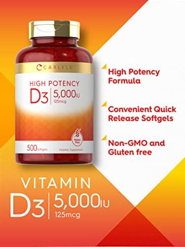 Carlyle Vitamin D3 5000 IU Softgels   500 Count   Value Size   Non GMO and Gluten Free Supplement   High Potency Formula   125mcg
