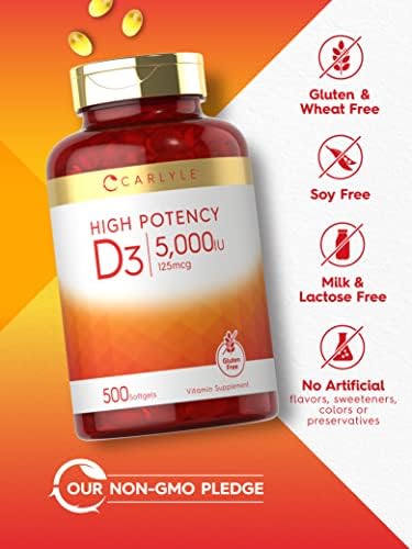 Carlyle Vitamin D3 5000 IU Softgels   500 Count   Value Size   Non GMO and Gluten Free Supplement   High Potency Formula   125mcg