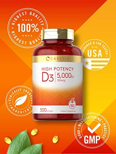 Carlyle Vitamin D3 5000 IU Softgels   500 Count   Value Size   Non GMO and Gluten Free Supplement   High Potency Formula   125mcg