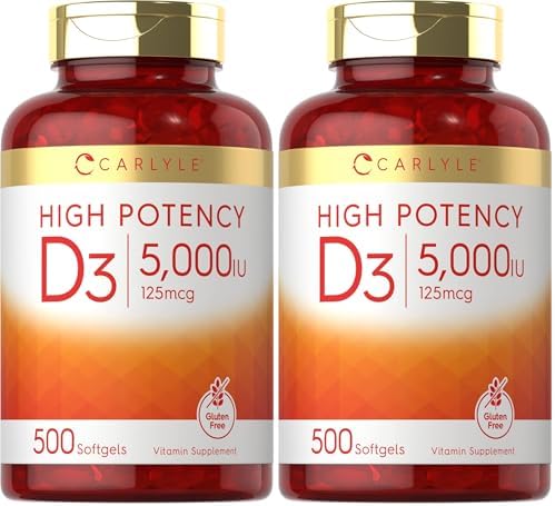 Carlyle Vitamin D3 5000 IU Softgels   500 Count   Value Size   Non GMO and Gluten Free Supplement   High Potency Formula   125mcg