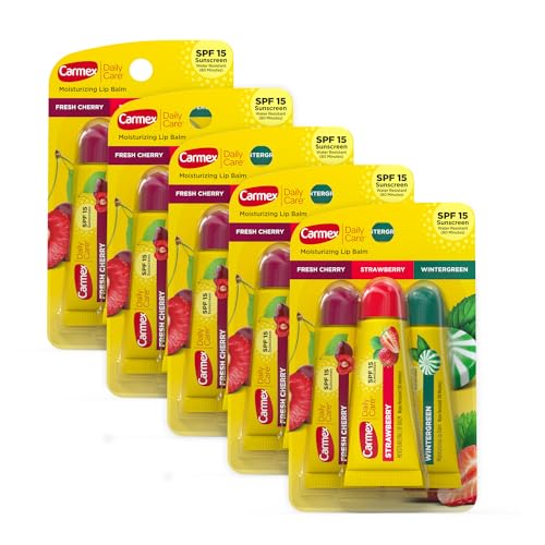 Carmex Daily Care - Tubos de bálsamo labial hidratante con SPF, cereza fresca, fresa y gaulteria, paquete de 0.35 onzas (6 paquetes de 3)