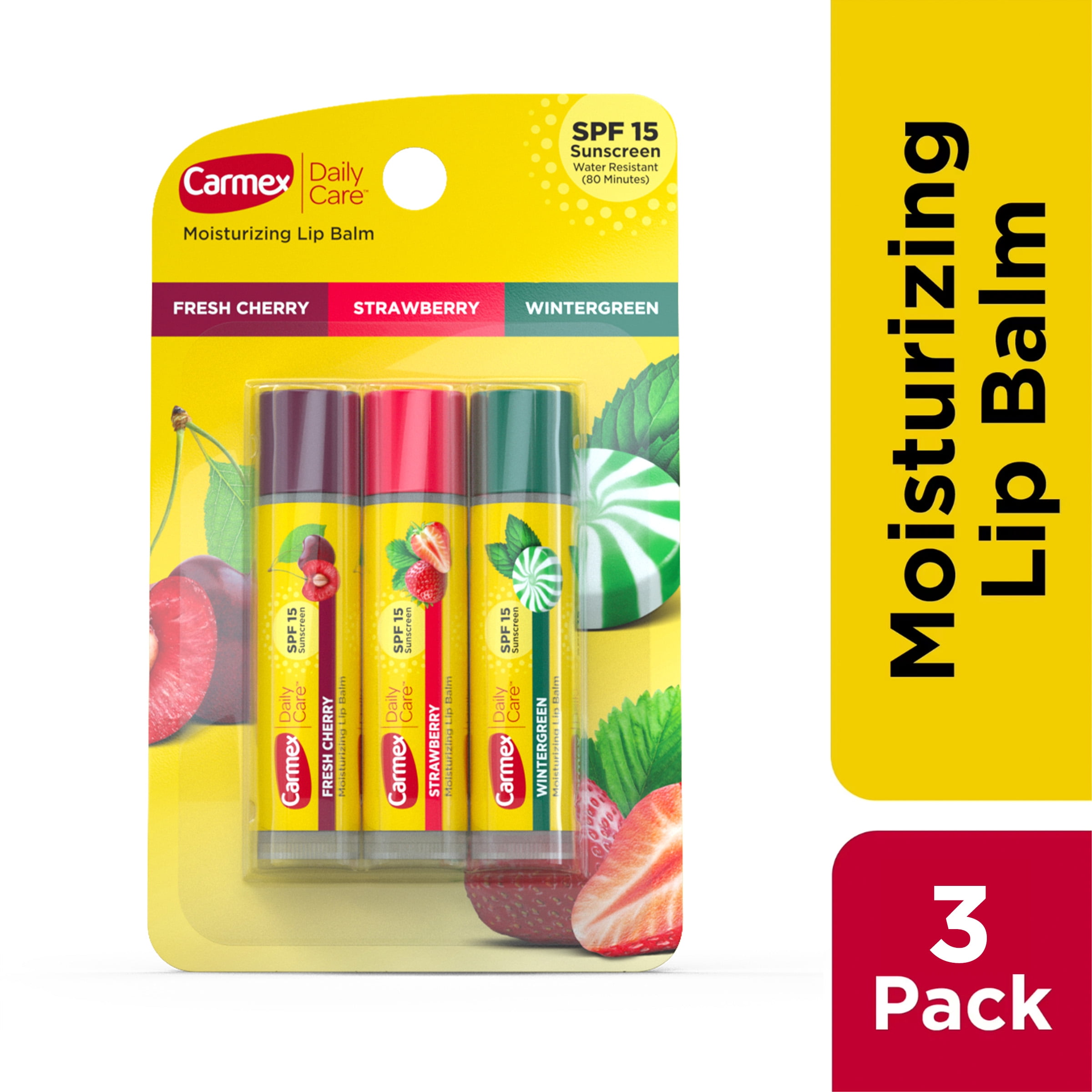 Carmex Daily Care Moisturizing Lip Balm Sticks  SPF 15  Multi Flavor Lip Balm  3 Count  1 Pack of 3
