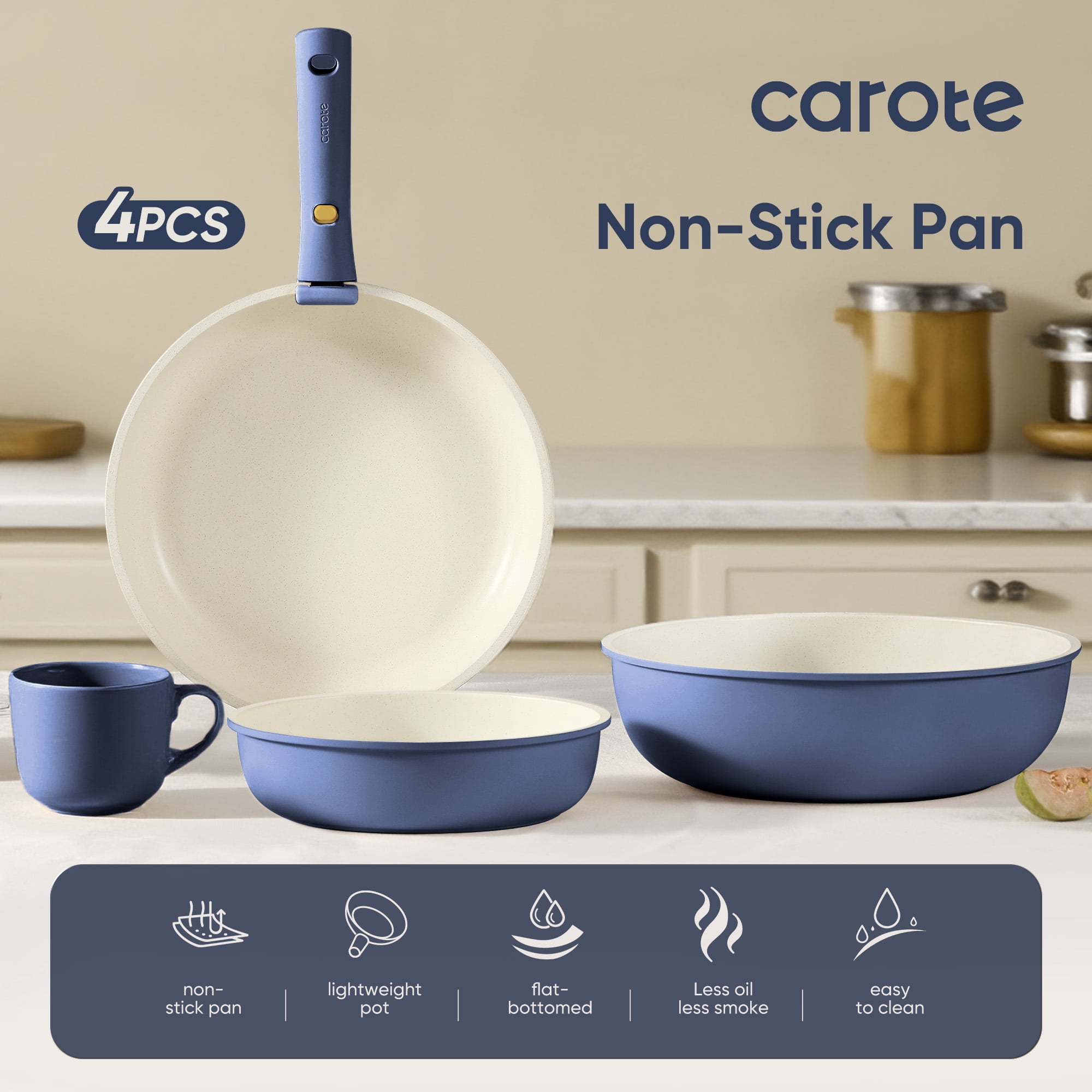 Carote 4 Pcs Nonstick Cookware Sets  Pots and Pans Set with Detachable Handles  Oven Safe  Induction Cookware  Stackable Kitchen Cooking Set  Navy Blue