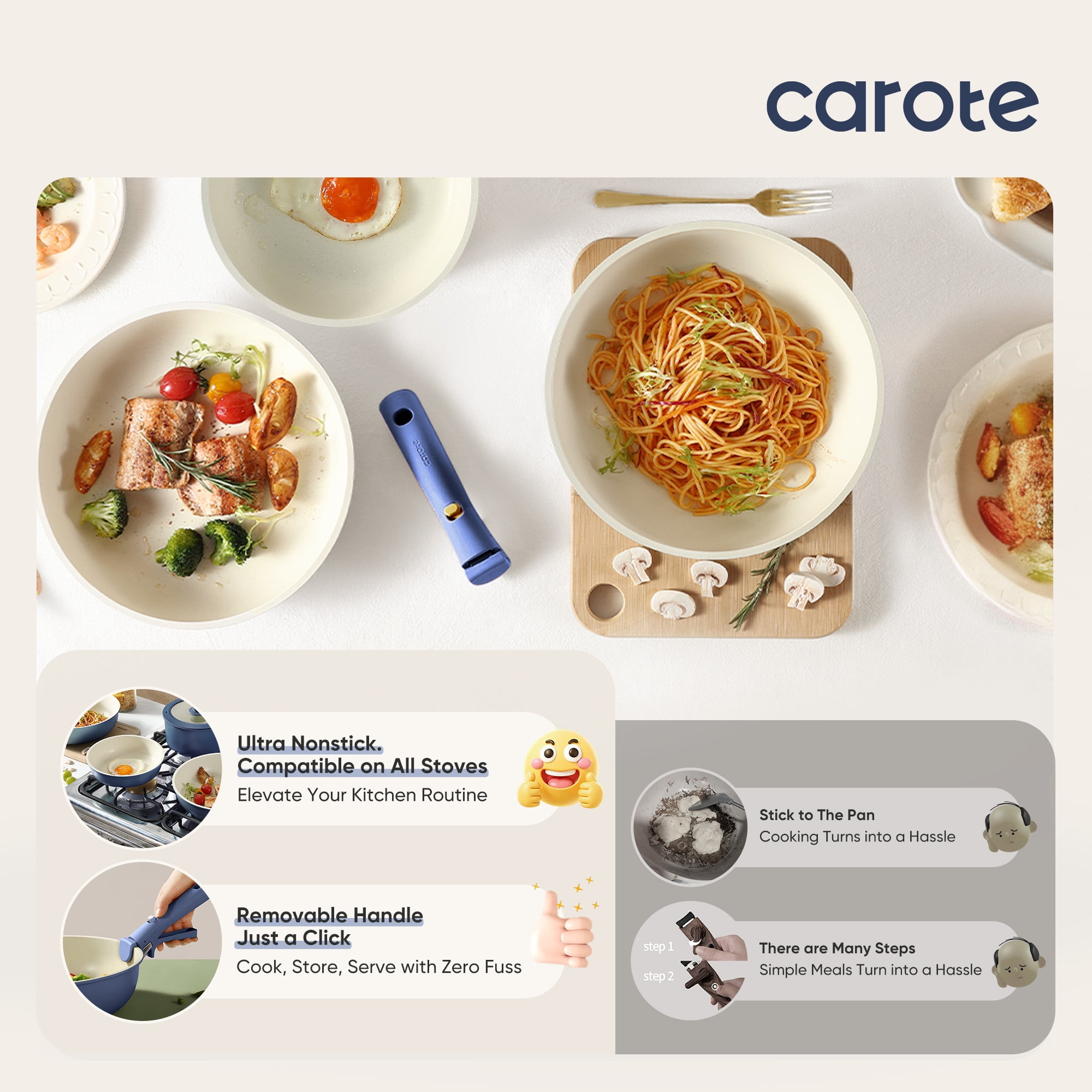 Carote 4 Pcs Nonstick Cookware Sets  Pots and Pans Set with Detachable Handles  Oven Safe  Induction Cookware  Stackable Kitchen Cooking Set  Navy Blue