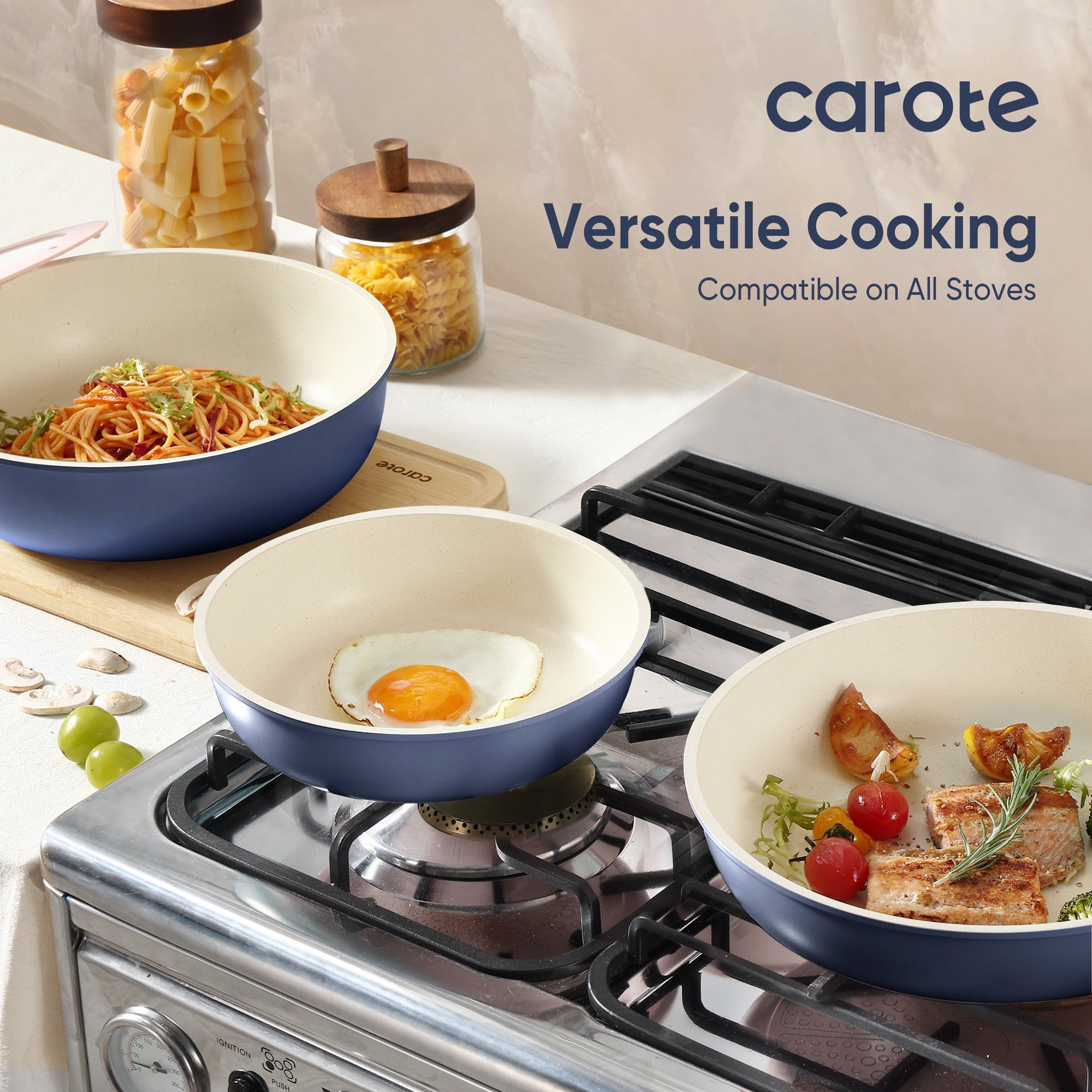 Carote 4 Pcs Nonstick Cookware Sets  Pots and Pans Set with Detachable Handles  Oven Safe  Induction Cookware  Stackable Kitchen Cooking Set  Navy Blue