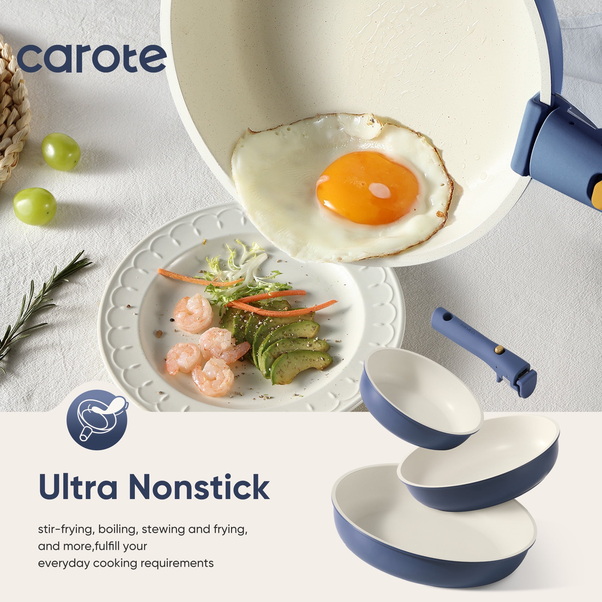 Carote 4 Pcs Nonstick Cookware Sets  Pots and Pans Set with Detachable Handles  Oven Safe  Induction Cookware  Stackable Kitchen Cooking Set  Navy Blue
