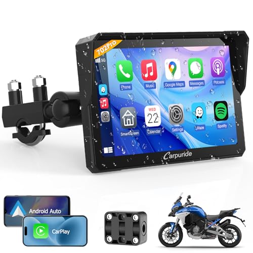Carpuride W702PRO for Motorcycle CarPlay& Android Auto& Dual Bluetooth   7 Waterproof GPS Navigation Screen for Motorbike  Music Sharing  Intercom  EQ  Light Sensor  Compass  Barometer