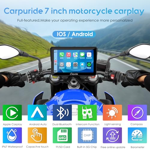 Carpuride W702PRO for Motorcycle CarPlay& Android Auto& Dual Bluetooth   7 Waterproof GPS Navigation Screen for Motorbike  Music Sharing  Intercom  EQ  Light Sensor  Compass  Barometer