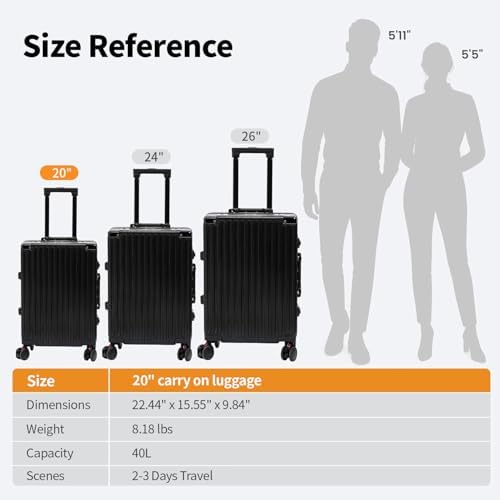 Carry On Luggage 22x14x9 Airline Approved  Zipperless Luggage Carry On  Hard Shell Suitcases with TSA Lock  Lightweight Carry On Suitcases with Aluminum Frame  black  20inch 