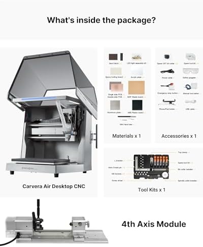 Carvera Air Desktop CNC with 4th Axis Compact Enclosed Mini CNC Mill Industrial Precision with Makera CAM for Metal Wood Quick Tool Changer Closed Loop Stepper Motor DIY Milling Carving by Makera