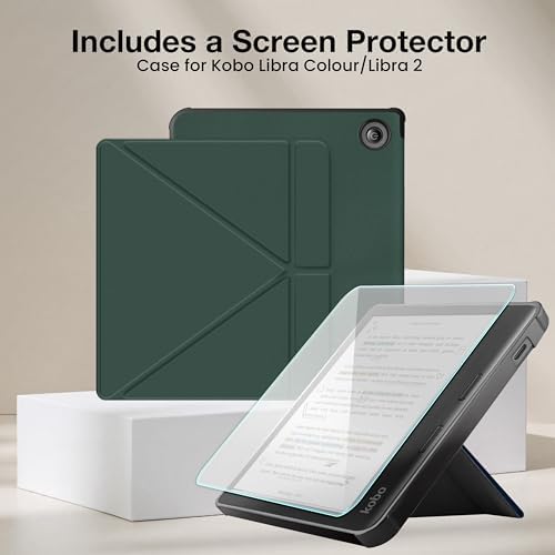 Case for Kobo Libra Colour  2024  & Libra 2   Vegan Leather Cover with Origami Stand & Auto Wake/Sleep  Includes Screen Protector  Compatible with Model N428 & N418  Dark Green  7 inch 