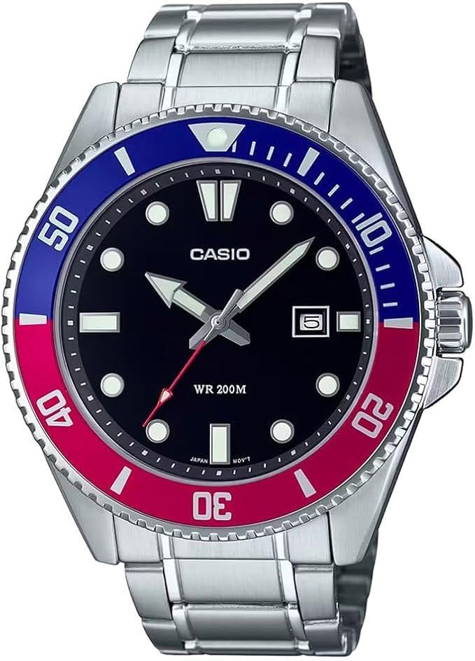 Casio MDV106 Series   Unisex Analog Watch   200M WR   Stainless Steel Case   Resin Band   2 Hand Analog  HR  Min  SEC    Date Display   Screw Down Crown/Screw Down Caseback   3 Year Battery
