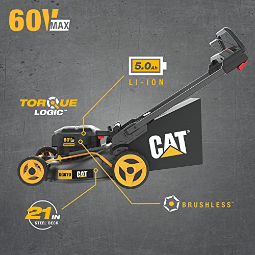 Cat DG670 60V 21" modos de corte inalámbrico 3 en 1, cortacésped sin escobillas con TorqLogic, batería y cargador incluidos