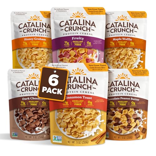 Catalina Crunch Protein Cereal   Sugar Free Breakfast Cereal with 11g of Protein   Gluten Free  Keto Friendly   Variety Pack 6 Flavors  Pack of 6    Packaging May Vary