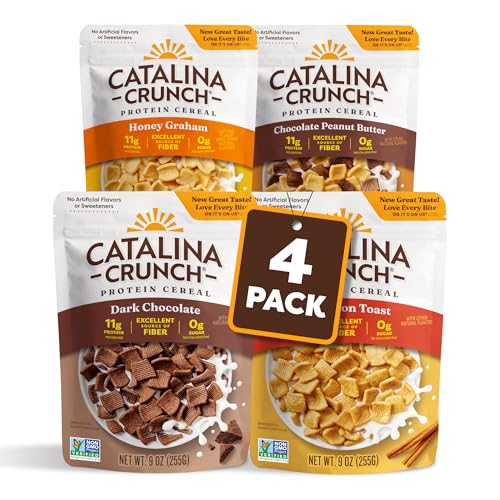 Catalina Crunch Protein Cereal   Sugar Free Breakfast Cereal with 11g of Protein   Gluten Free  Keto Friendly   Variety Pack 6 Flavors  Pack of 6    Packaging May Vary
