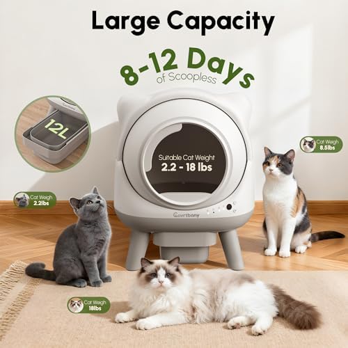 Cavrtbany Automatic Litter Box  Self Cleaning Litter Box  Cat Robot for Multiple Cats  with Smart APP Control and Health Monitoring  Safety Sensors  with Trash Bags  White & Grey