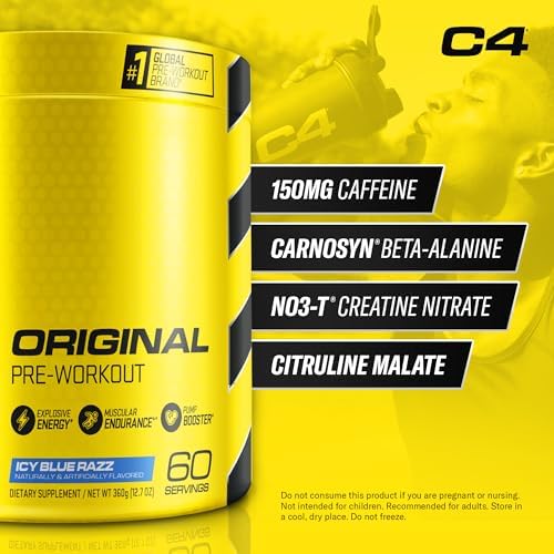 Cellucor C4 Original Pre Workout Powder ICY Blue Razz   Vitamin C for Immune Support   Sugar Free Preworkout Energy for Men & Women   150mg Caffeine Plus Beta Alanine Plus Creatine   60 Servings