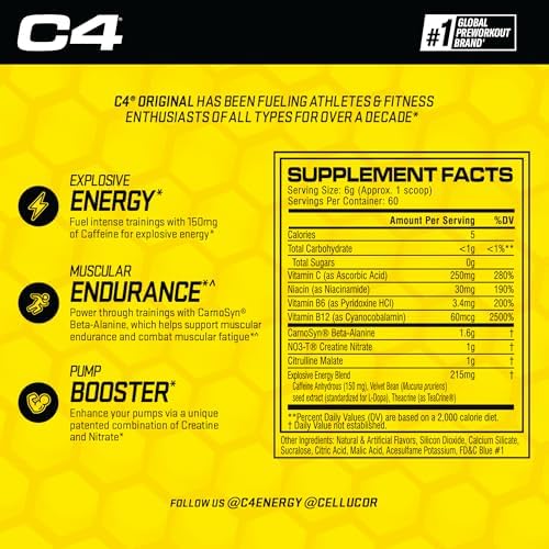 Cellucor C4 Original Pre Workout Powder ICY Blue Razz   Vitamin C for Immune Support   Sugar Free Preworkout Energy for Men & Women   150mg Caffeine Plus Beta Alanine Plus Creatine   60 Servings