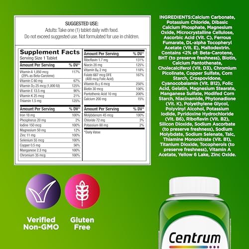 Centrum Adult Multivitamin/Multimineral Supplement with Antioxidants  Zinc  Vitamin D3 and B Vitamins  Gluten Free  Non GMO Ingredients   200 Count