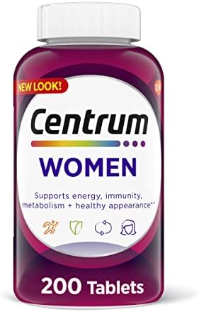 Centrum Tableta multivitamínica para mujer, suplemento multivitamínico/multimineral con hierro, vitamina D3, vitaminas B y antioxidantes vitaminas C y E, sin gluten, ingredientes sin OMG, 200 unidades