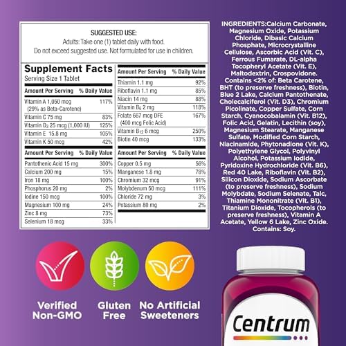 Centrum Tableta multivitamínica para mujer, suplemento multivitamínico/multimineral con hierro, vitamina D3, vitaminas B y antioxidantes vitaminas C y E, sin gluten, ingredientes sin OMG, 200 unidades