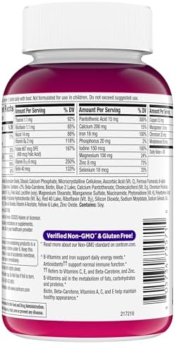 Centrum Tableta multivitamínica para mujer, suplemento multivitamínico/multimineral con hierro, vitamina D3, vitaminas B y antioxidantes vitaminas C y E, sin gluten, ingredientes sin OMG, 200 unidades