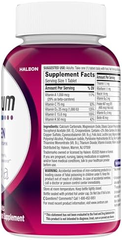Centrum Tableta multivitamínica para mujer, suplemento multivitamínico/multimineral con hierro, vitamina D3, vitaminas B y antioxidantes vitaminas C y E, sin gluten, ingredientes sin OMG, 200 unidades