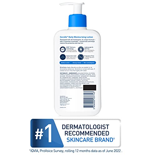 CeraVe Daily Moisturizing Lotion for Dry Skin  Body Lotion & Face Moisturizer with Hyaluronic Acid and Ceramides  Daily Moisturizer  Fragrance Free  Oil Free  19 Ounce