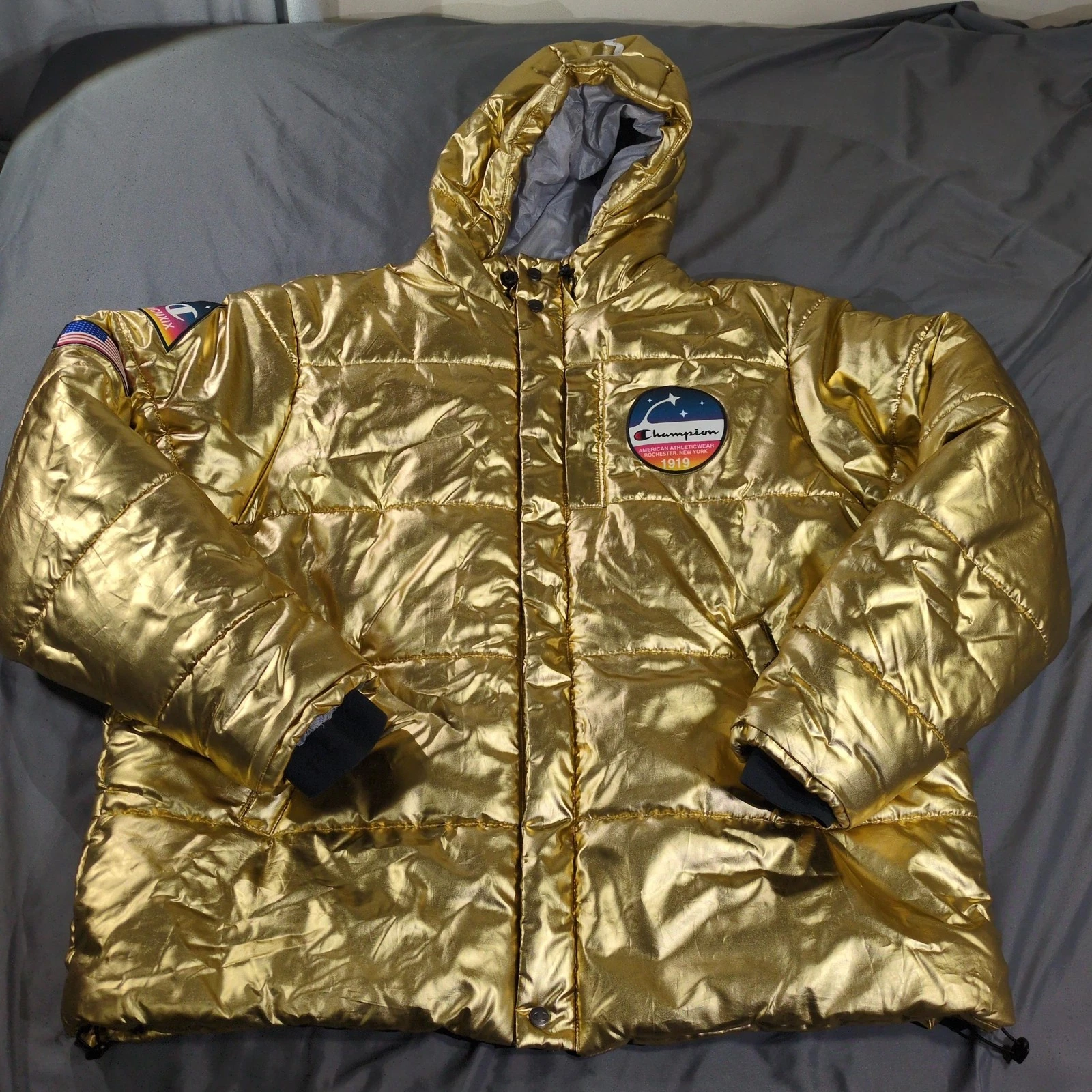 Champion X NASA Jacket Mens 2XL Gold Hooded Metallic Space Puffer USA Flag 1919